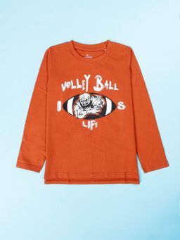 KiddoPanti - Rust Cotton Full Sleeves Printed T Shirt