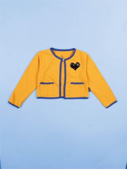 KiddoPanti - Mustard Cotton Full Sleeve Shrug with Pocket and Applique