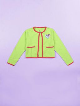 KiddoPanti - Green Cotton Full Sleeve Shrug with Pocket and Applique