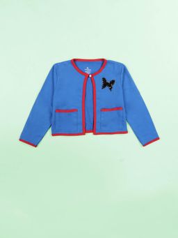 KiddoPanti - Blue Cotton Full Sleeve Shrug with Pocket and Applique
