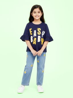 KiddoPanti - Navy Blue Cotton Frill Printed Top and Straight Fit Stars Jeans Co Ord Set