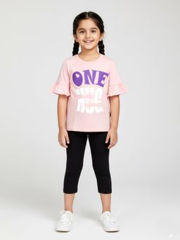 KiddoPanti - Pink Cotton Frill Printed Top and Lycra Solid Legging Co Ord Set