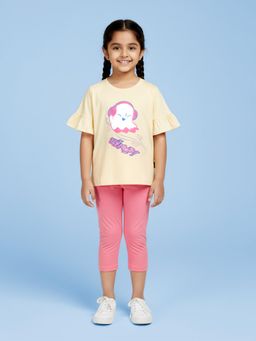 KiddoPanti - Cream Cotton Frill Printed Top and Lycra Solid Legging Co Ord Set