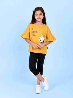 KiddoPanti - Orange Cotton Frill Printed Top and Lycra Solid Legging Co Ord Set