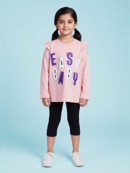 KiddoPanti - Pink Cotton Printed Top and Lycra Solid Legging Co Ord Set