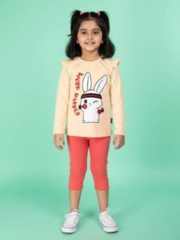 KiddoPanti - Cream Cotton Printed Top and Lycra Solid Legging Co Ord Set
