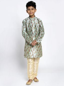 Kraft India - Boys Turquoise Color Printed Silk Kurta with Churidar (Set of 2)