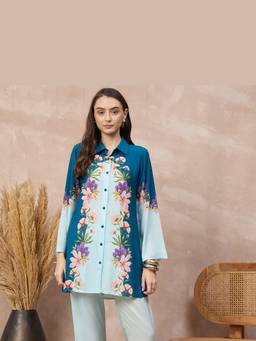 First Resort by Ramola Bachchan - Blue Double Colour Floral Printed Shirt