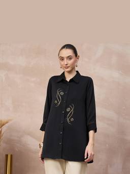 First Resort by Ramola Bachchan - Black Celestial Swirl Embellished Casual Shirt