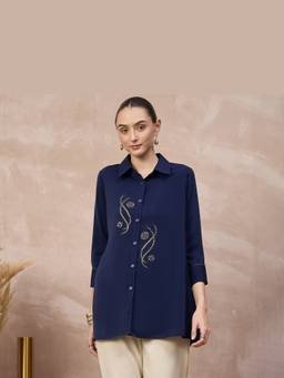 First Resort by Ramola Bachchan - Navy Blue Celestial Swirl Embellished Casual Shirt