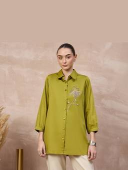 First Resort by Ramola Bachchan - Olive Golden Flower Brooch Style Shirt