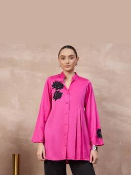 First Resort by Ramola Bachchan - Hot Pink Hand Embellished Beaded Shirt with Pleats