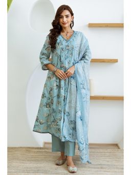 Nehamta - Women Turquoise Floral Cotton Kurta with Pant and Dupatta (Set of 3)