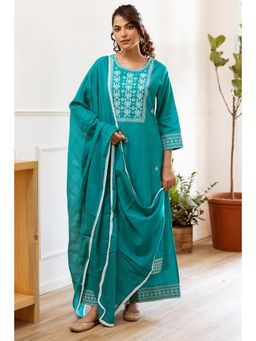 Nehamta - Women Green Embroidered Cotton Slub Kurta with Palazzo and Dupatta (Set of 3)