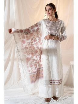Nehamta - Women White Embroidered Cotton Kurta with Palazzo and Dupatta (Set of 3)