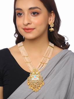 VIRAASI - Peach Kundan Meenakari Enamelling Elephant Design Necklace with Earrings (Set of 2)