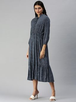 SHOWOFF - Women Blue Floral Mandarin Neck A-Line Dress