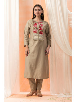 Sacred Suta - Beige Embroidered Silk Kurta with Pant (Set of 2)