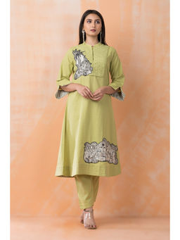 Sacred Suta - Green Cotton Patchwork Kurta with Pant (Set of 2)