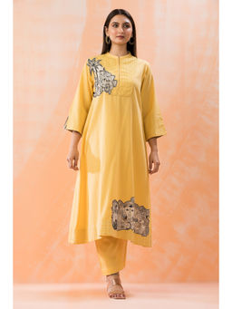 Sacred Suta - Yellow Cotton Patchwork Kurta with Pant (Set of 2)