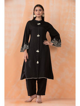Sacred Suta - Black Silk Kurta with Pant (Set of 2)