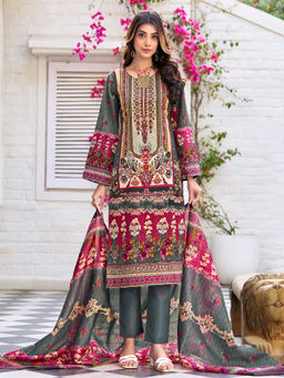 MOJILAA - Women Grey Cotton Blend Floral Pakistani Style Kurta with Pant & Dupatta (Set of 3)