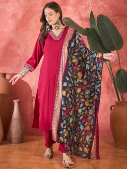 Vastramyaa - Women Rani Pink V-Neck Embroidered Kurta with Trousers & Dupatta (Set of 3)
