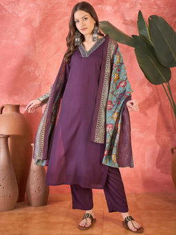 Vastramyaa - Women Wine Pink V-Neck Embroidered Kurta with Trousers & Dupatta (Set of 3)