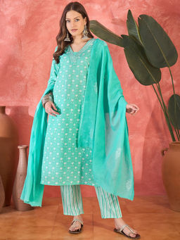 Vastramyaa - Women Sky Blue V-Neck Embroidery Printed Kurta with Trousers & Dupatta (Set of 3)