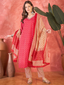 Vastramyaa - Women Rani Pink and Beige Printed Kurta with Trousers & Dupatta (Set of 3)
