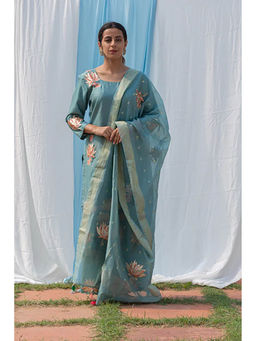 Saatvikei - Lotus - Powder Blue Kurta with Pant and Dupatta (Set of 3)