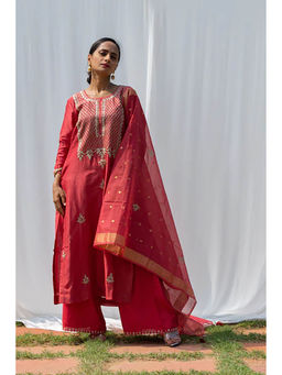Saatvikei - Raj - Coral Red Kurta with Palazzo and Dupatta (Set of 3)