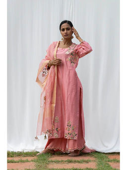 Saatvikei - Rajkumari - Salmon Pink Kurta with Palazzo and Dupatta (Set of 3)