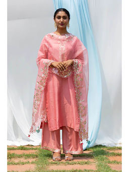 Saatvikei - Rajshree - Salmon Pink Kurta with Palazzo and Dupatta (Set of 3)