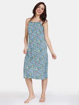Zivame - Blooming Duvet Woven Mid Length Nightdress - Baltic Sea Blue