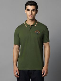 Louis Philippe - Men Olive Printed Collar Neck Polo T-Shirt