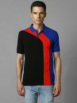 Louis Philippe - Men Black Colorblock Collar Neck Polo T-Shirt