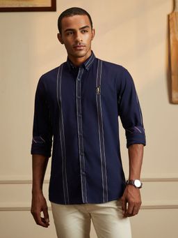 Peter England - Men Navy Slim Fit Stripe Full Sleeves Casual Shirt