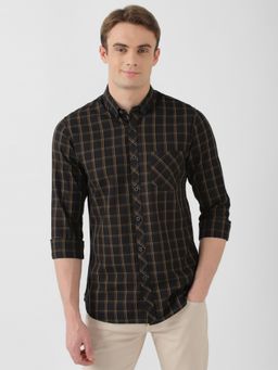 Peter England - Men Black Slim Fit Checks Full Sleeves Casual Shirt