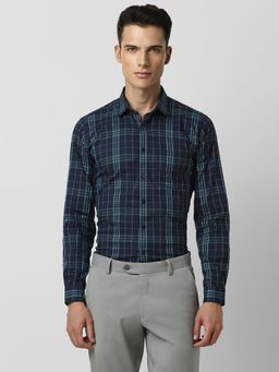 Van Heusen - Men Navy Slim Fit Checks Full Sleeves Formal Shirt