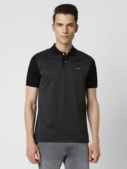 Van Heusen - Men Black Stripe Collar Neck Polo T-Shirt