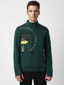 Van Heusen - Men Green Print Stylized Neck Sweatshirt