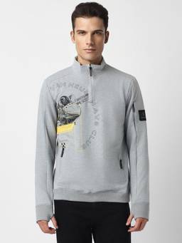 Van Heusen - Men Grey Print Stylized Neck Sweatshirt