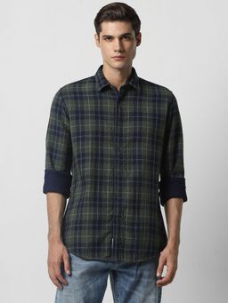 Van Heusen - Men Green Slim Fit Checks Full Sleeves Party Shirt