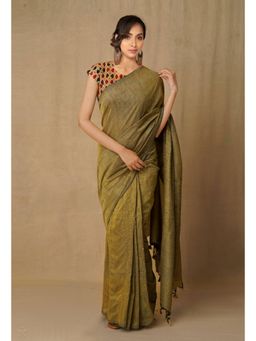 Unnati Silks - Olive Pure Cotton Linen Saree with Unstitched Blouse