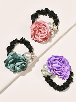 OOMPH - Combo of 3 Red- Peach and Green Floral Satin Silk Scrunchy Hair Tie Ponytail Holder