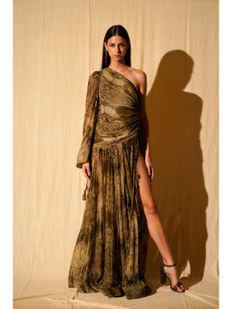 Nikita Mhaisalkar - Green Python Print One Shoulder Dress With High Slit
