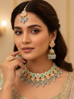 Accessher - Women Green Brass Jewellery Set