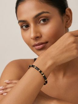 RACHIVA - 18K Gold Plated Black Enamel Gold Station Stretch Bangle Bracelet