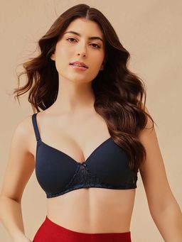 Clovia - Padded Non-Wired Full Coverage Multiway T-Shirt Bra In Navy Colour - Cotton